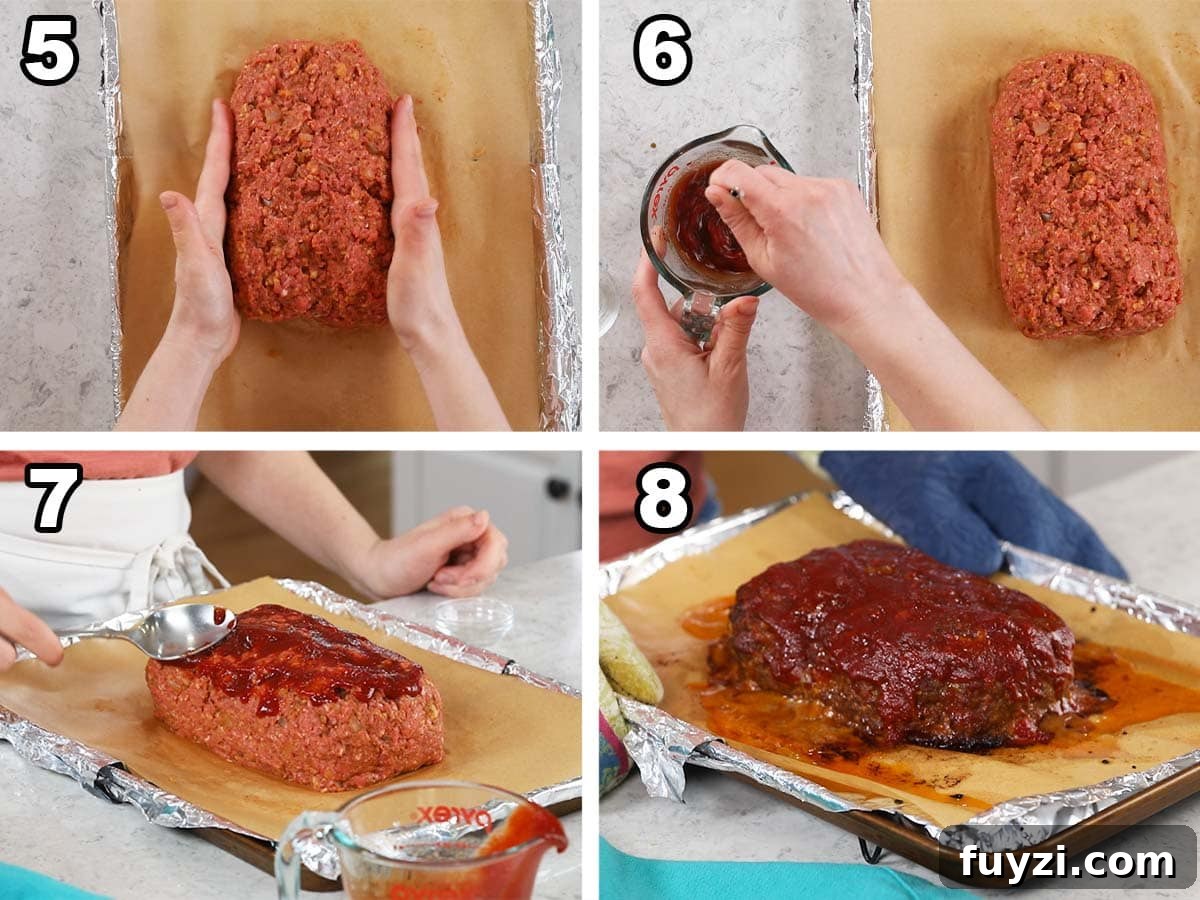 Four photos showing a meatloaf being formed and glazed before baking.