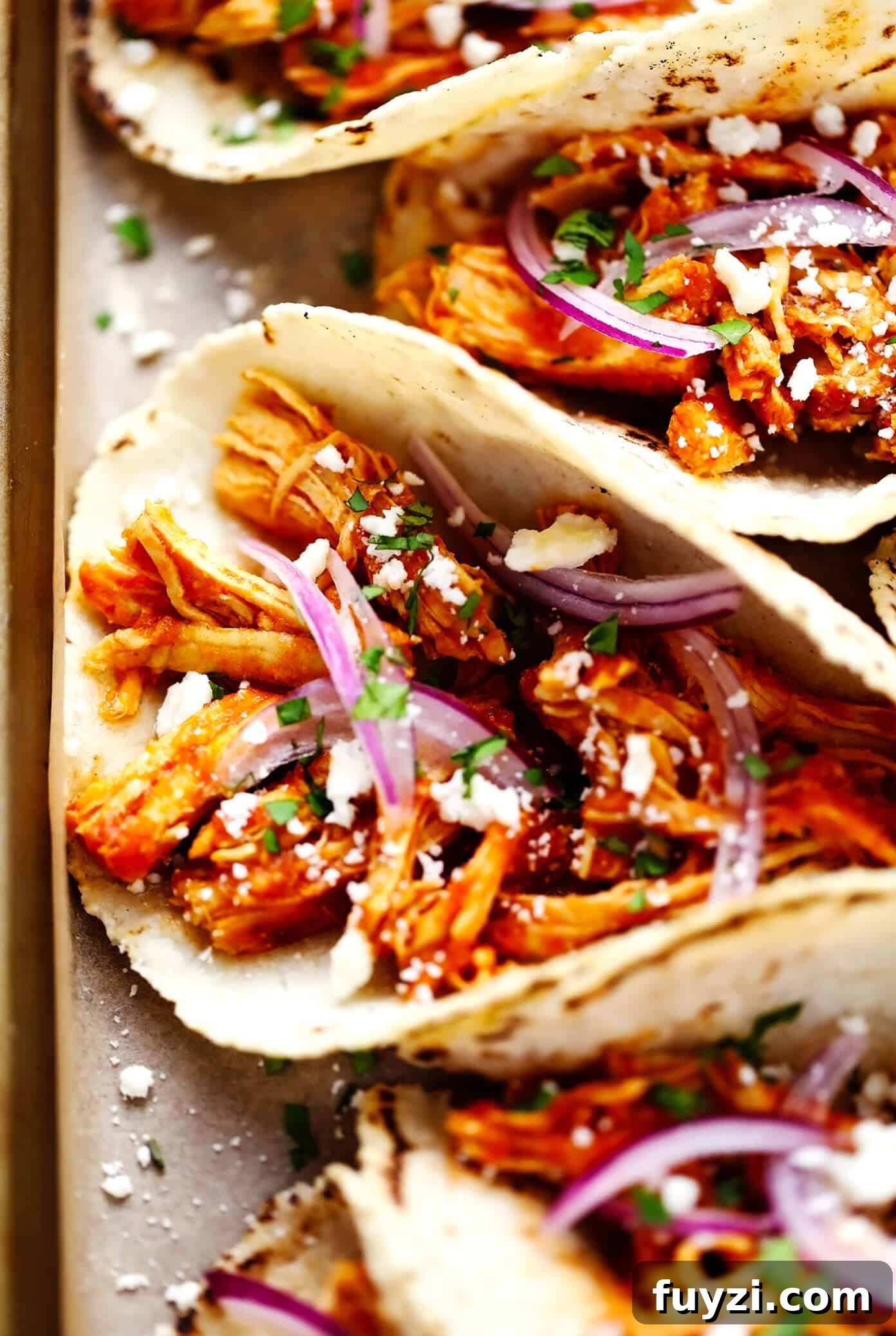 Closeup of Chicken Tinga Tacos with toppings Chicken Tinga Tacos Closeup