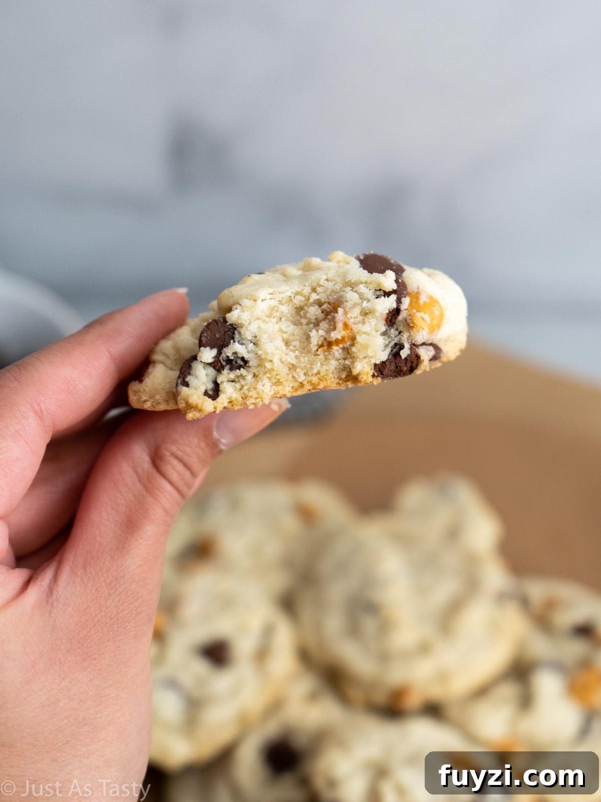 Close-up of a butterscotch cookie with a bite taken out of it. 