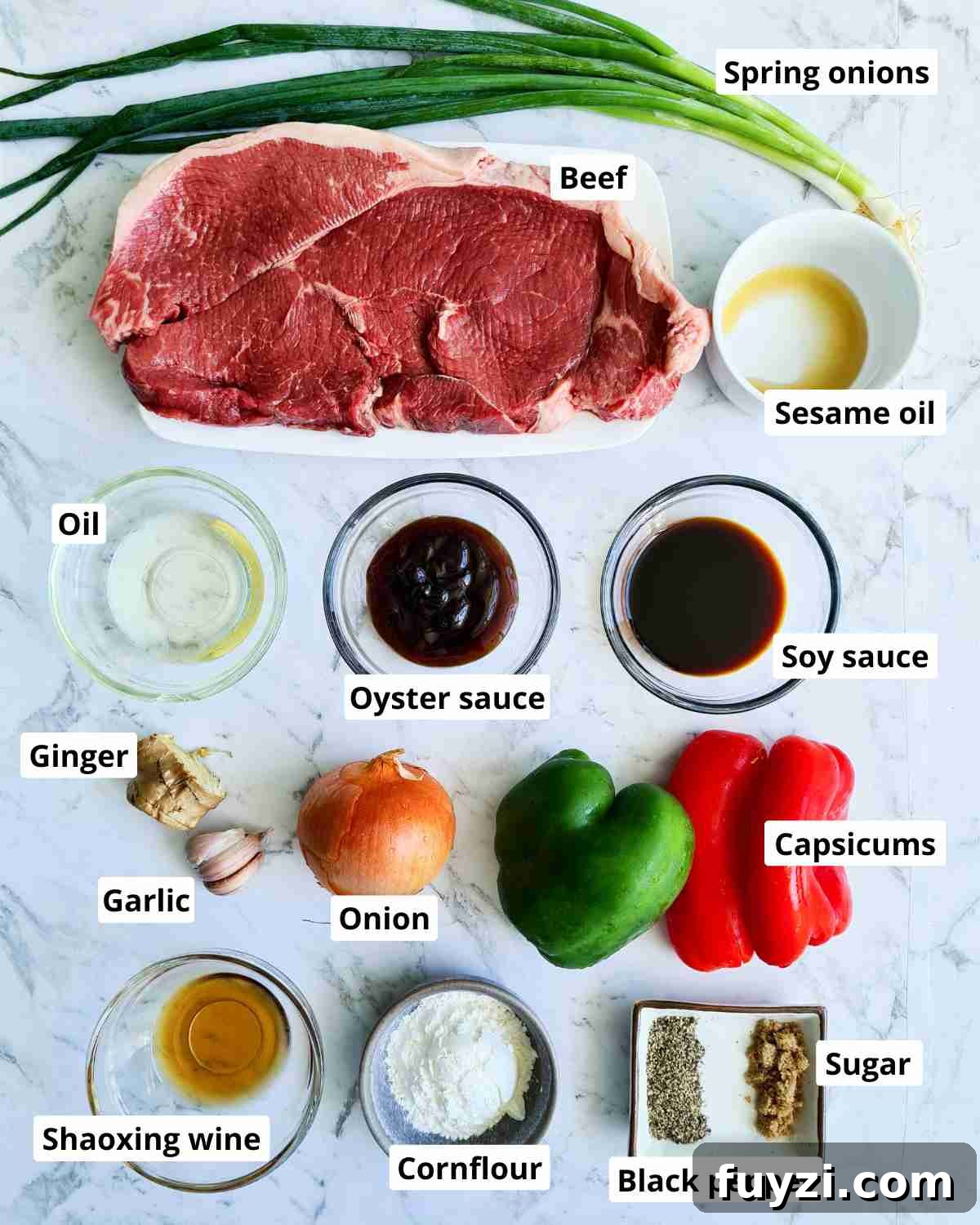 Restaurant-Style Black Pepper Beef Stir-Fry 4 ingredients required to make a pepper beef stir fry recipe, labeled