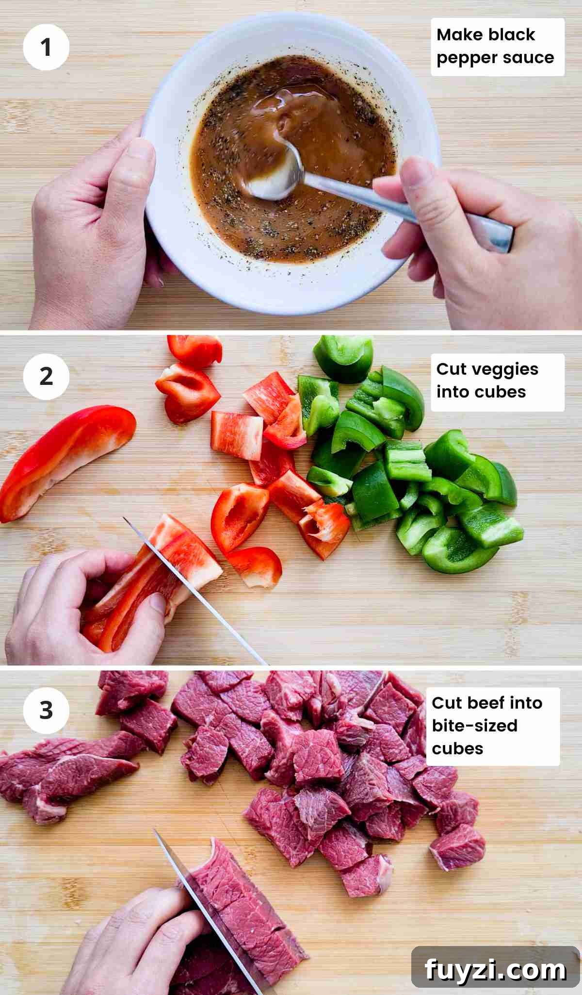 Restaurant-Style Black Pepper Beef Stir-Fry 5 3 step instructions of making sauce, cutting beef and vegetables with captions