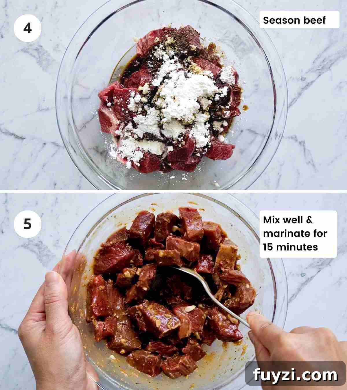 Restaurant-Style Black Pepper Beef Stir-Fry 6 two step collage of marinating beef with captions