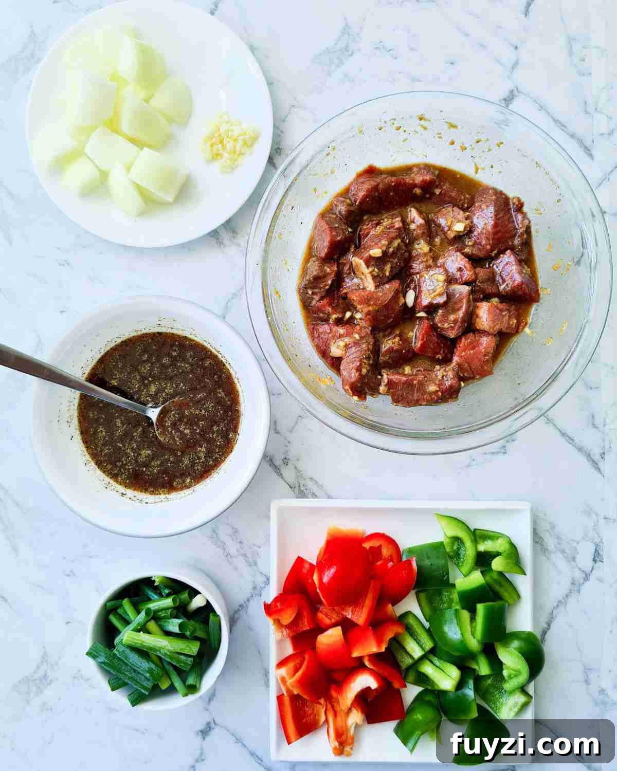 Restaurant-Style Black Pepper Beef Stir-Fry 7 Prepared ingredients ready to be cooked