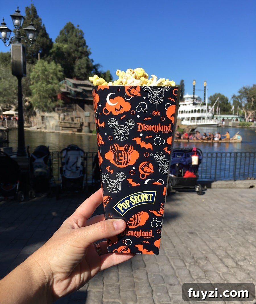 a hand holding a tub of popcorn at Disneyland, a naturally gluten-free park snack