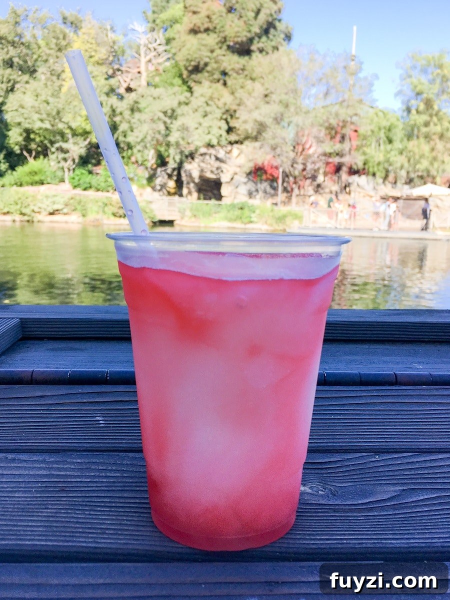 a close-up of a pink raspberry frozen lemonade with a straw from a Disneyland lemonade cart