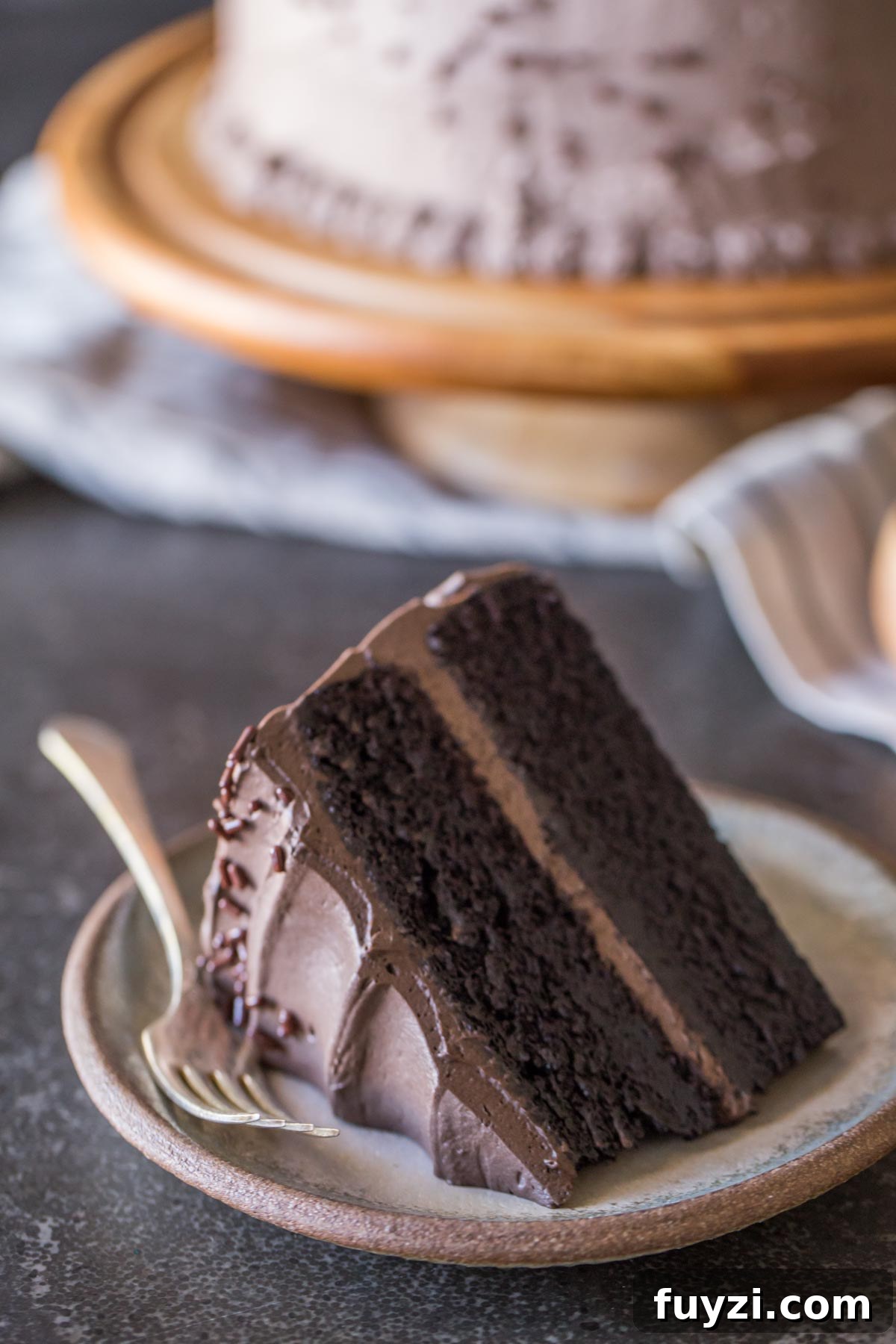 A slice of Dark Chocolate Cake With Whipped Cream Frosting on a plate with a fork, and the rest of the cake on a cake stand in the background. 