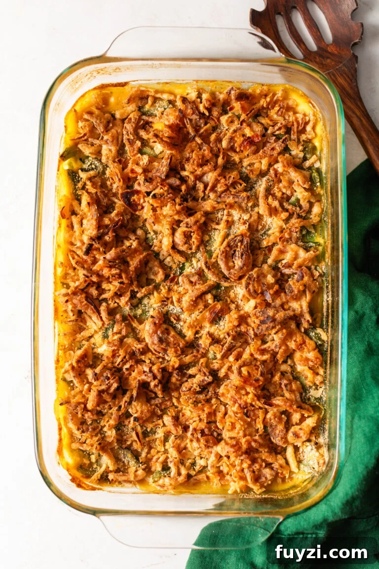 Casserole dish of Best Green Bean Casserole.