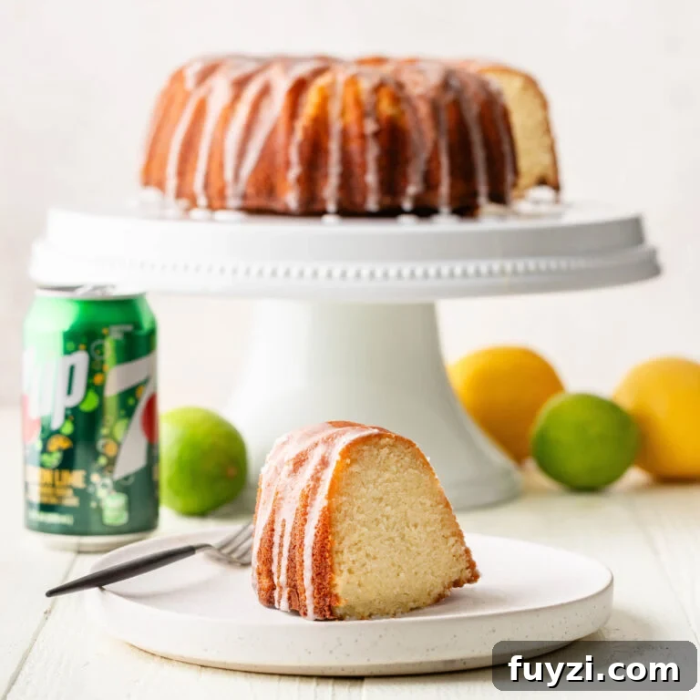 Plate of Old Fashioned 7-Up Cake with a fork.