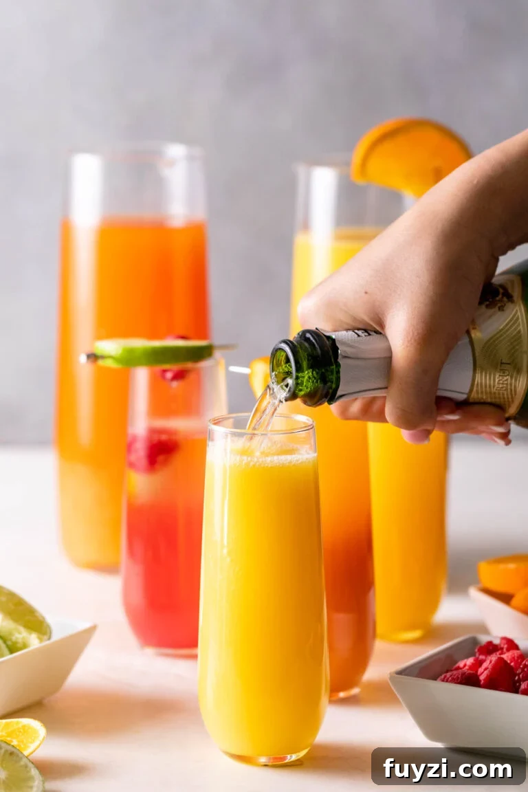 Pouring Champagne into a glass for a Mimosa Bar.