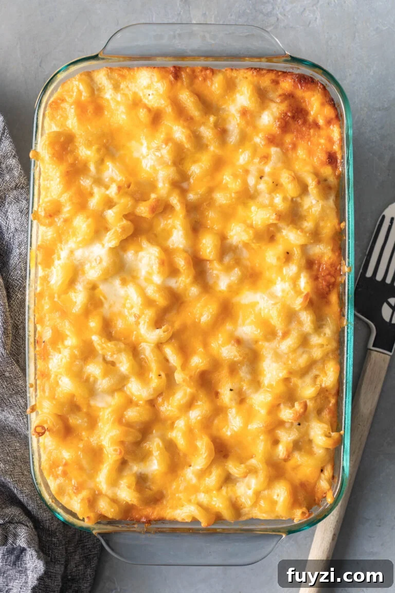 Glass casserole dish of Southern Baked Mac and Cheese.